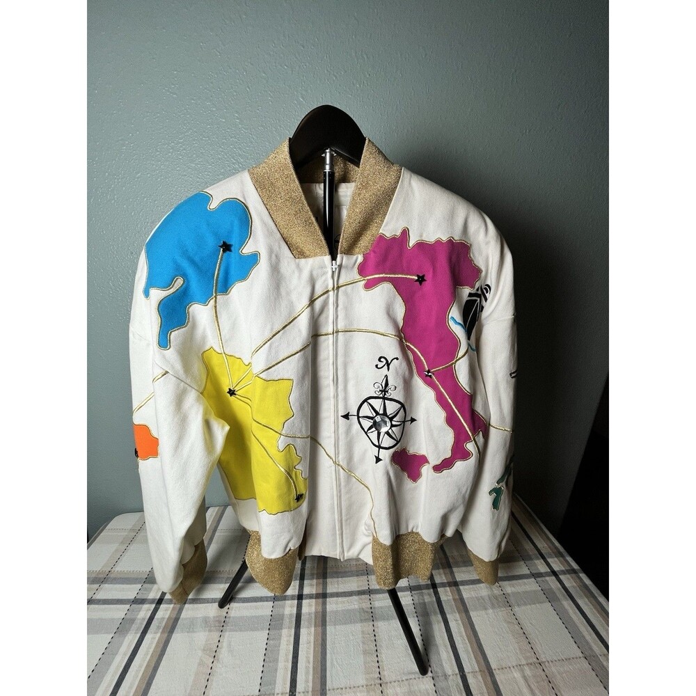 IBE Jacket VTG 80s/90s Colorful World Map Bomber Gold Trim Women’s Size 14